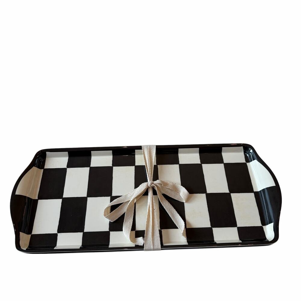 2pc Black & White Checkered Melamine Serving Trays 15x6.5 Mackenzie Style New